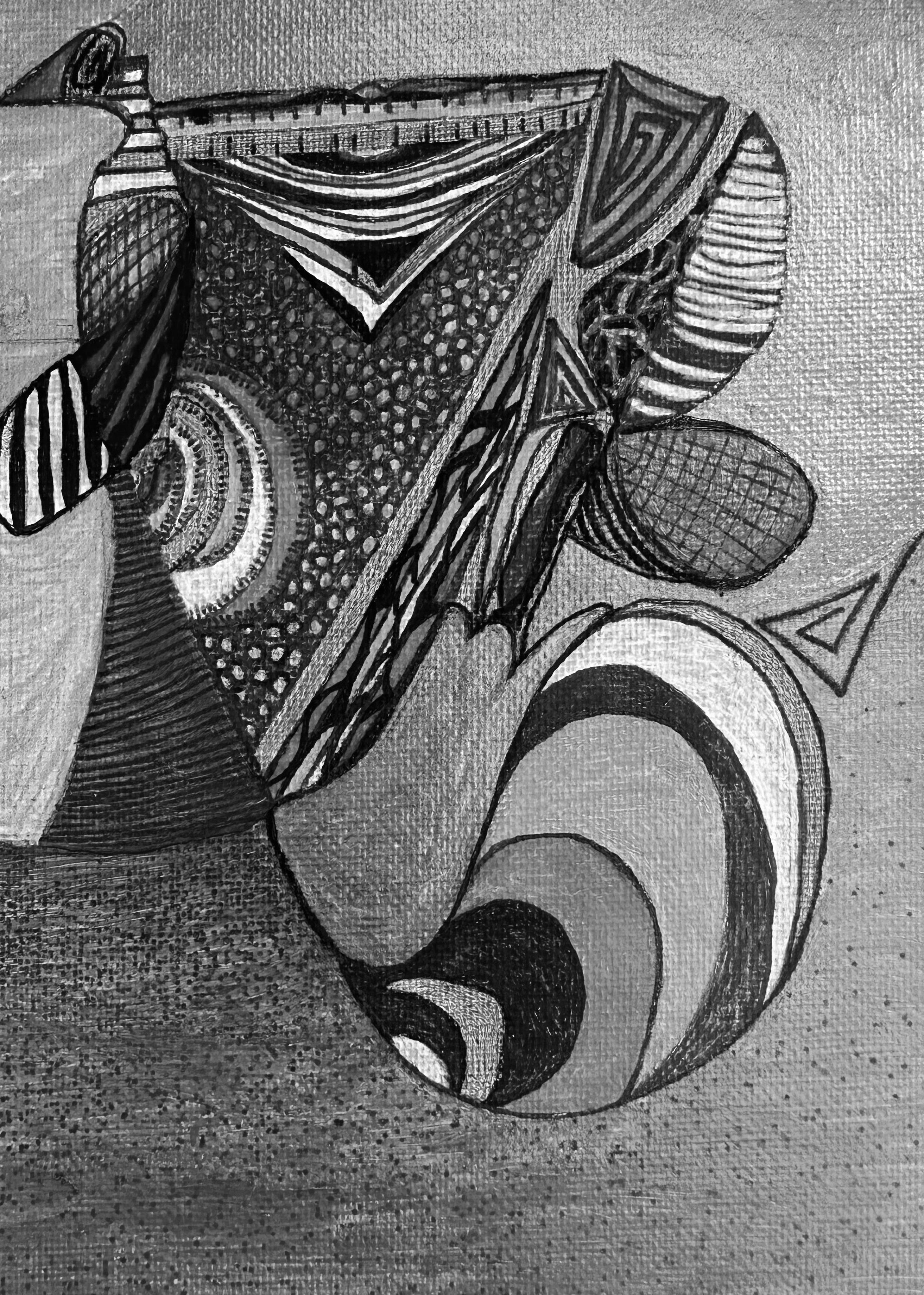 A black and white abstract artwork featuring geometric shapes, organic curves, and textured patterns on a canvas-like background.